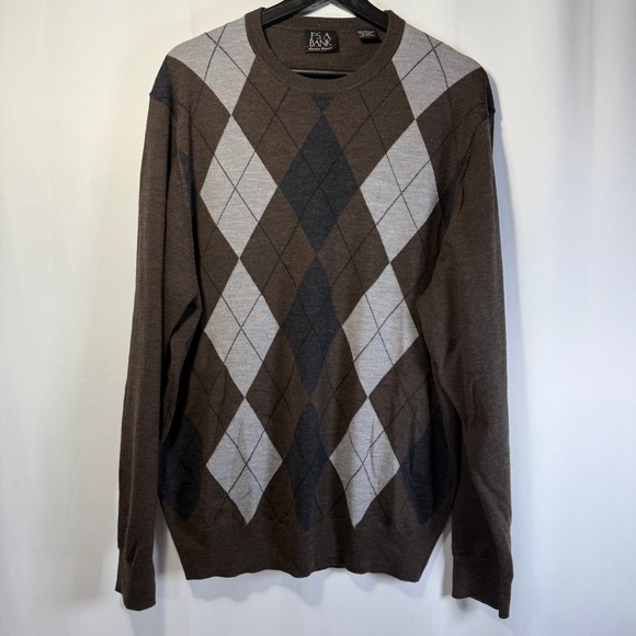 Jos. A. Bank Merino Wool Argyle Sweater Classic Fit Brown Gray Mens Large - Picture 1 of 5